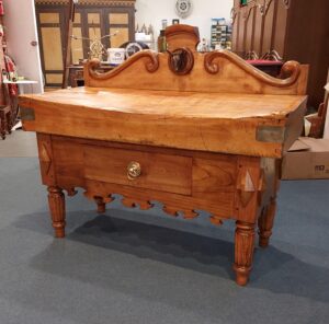 Fabulous French Butchers block in Beechwood. Shaped back with Bulls head in Centre. Town and Country Antiques