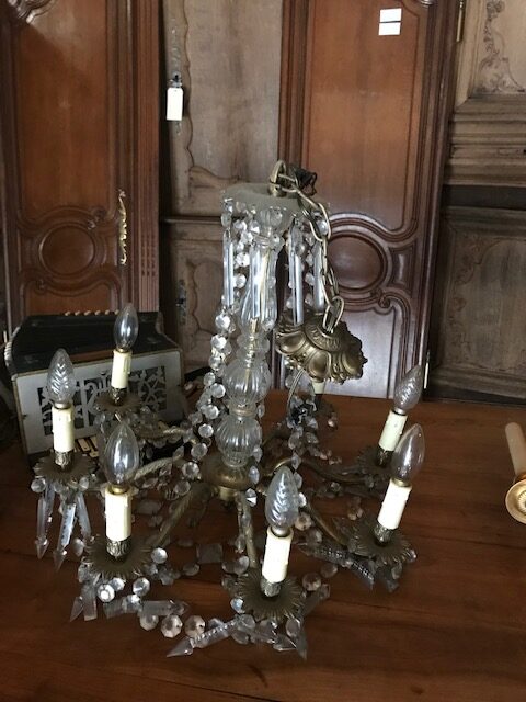 French Chandelier with crystals. Has 8 arms and will be restored and rewired. Town and Country Antiques