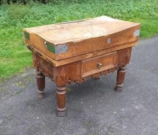 French Butchers block with patterned apron and 1 X Drawer. On turned legs. Top in good condition . Will be cleaned and restored. Town and Country Antiques