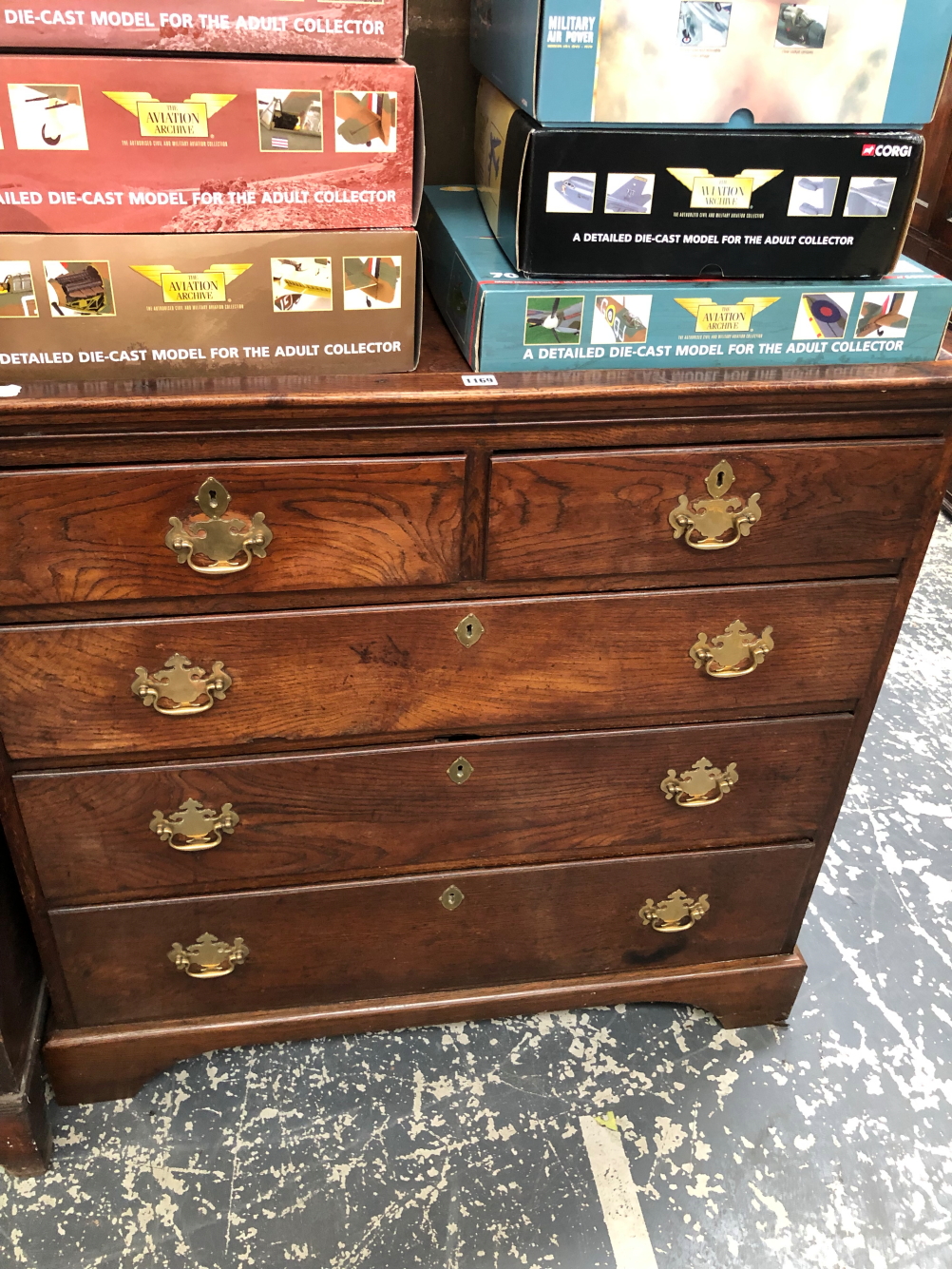 George 111 , Mahogany banded in Oak Chest of Drawers. On bracket feet. Town and Country Antiques