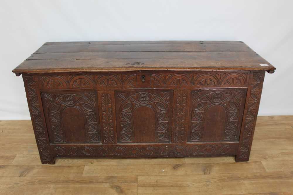 French Oak 18th Century Coffer. With carved panels. Town and Country Antiques