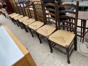 8 Lancashire style ladder back Chairs. Rush seats. Town and Country Antiques