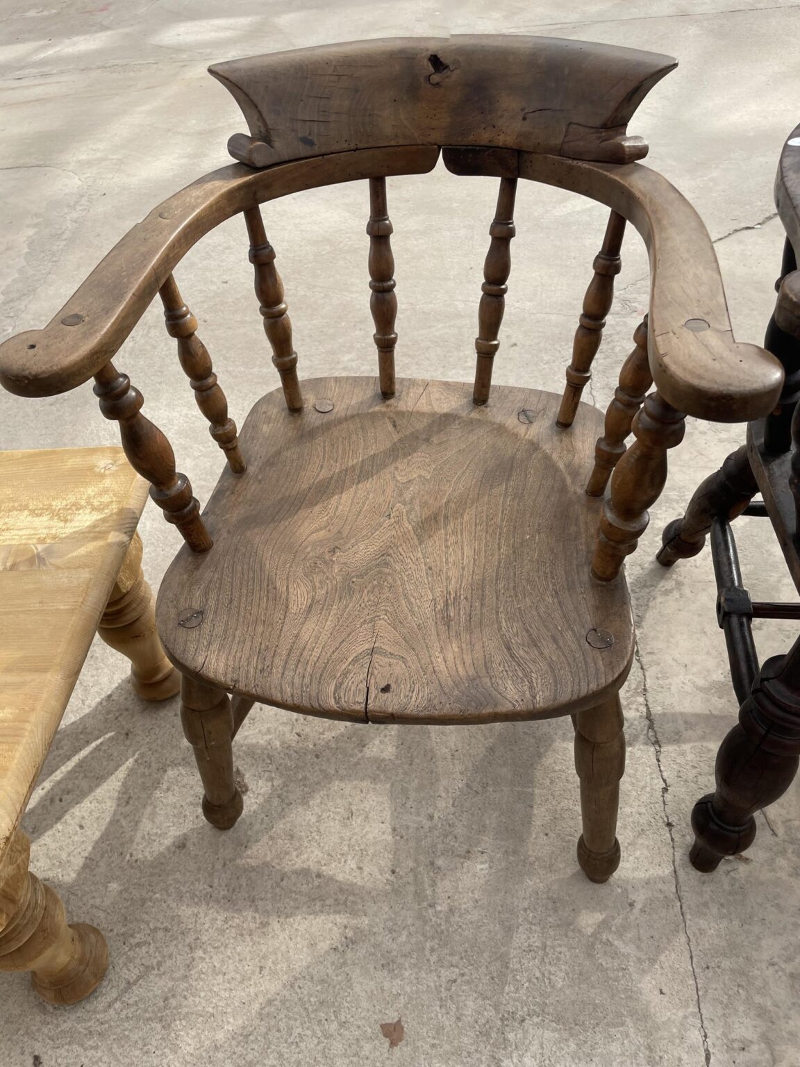 Victorian Elm and Beechwood Captains Chair. Turned uprights and legs