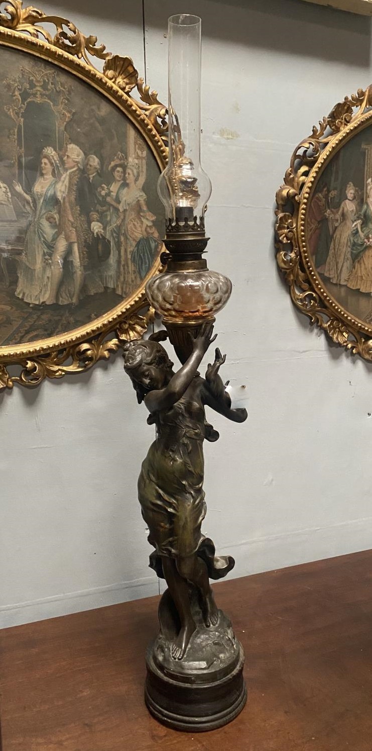 Art Nouveau Bronzed lady oil Lamp by Auguste Morea. Town and Country Antiques