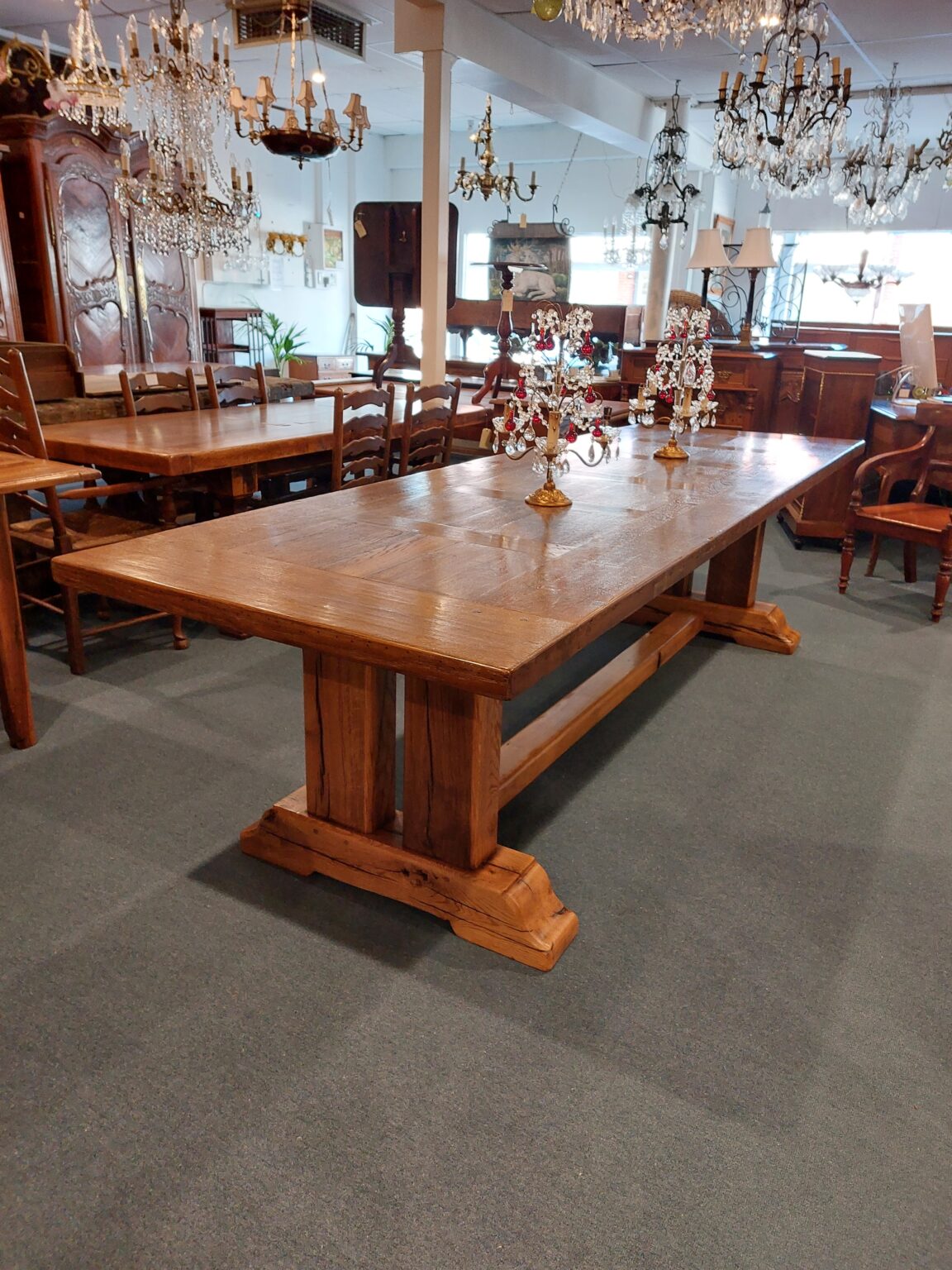French Oak Trestle Table with inset panels cleated ends. Town and Country Antiques