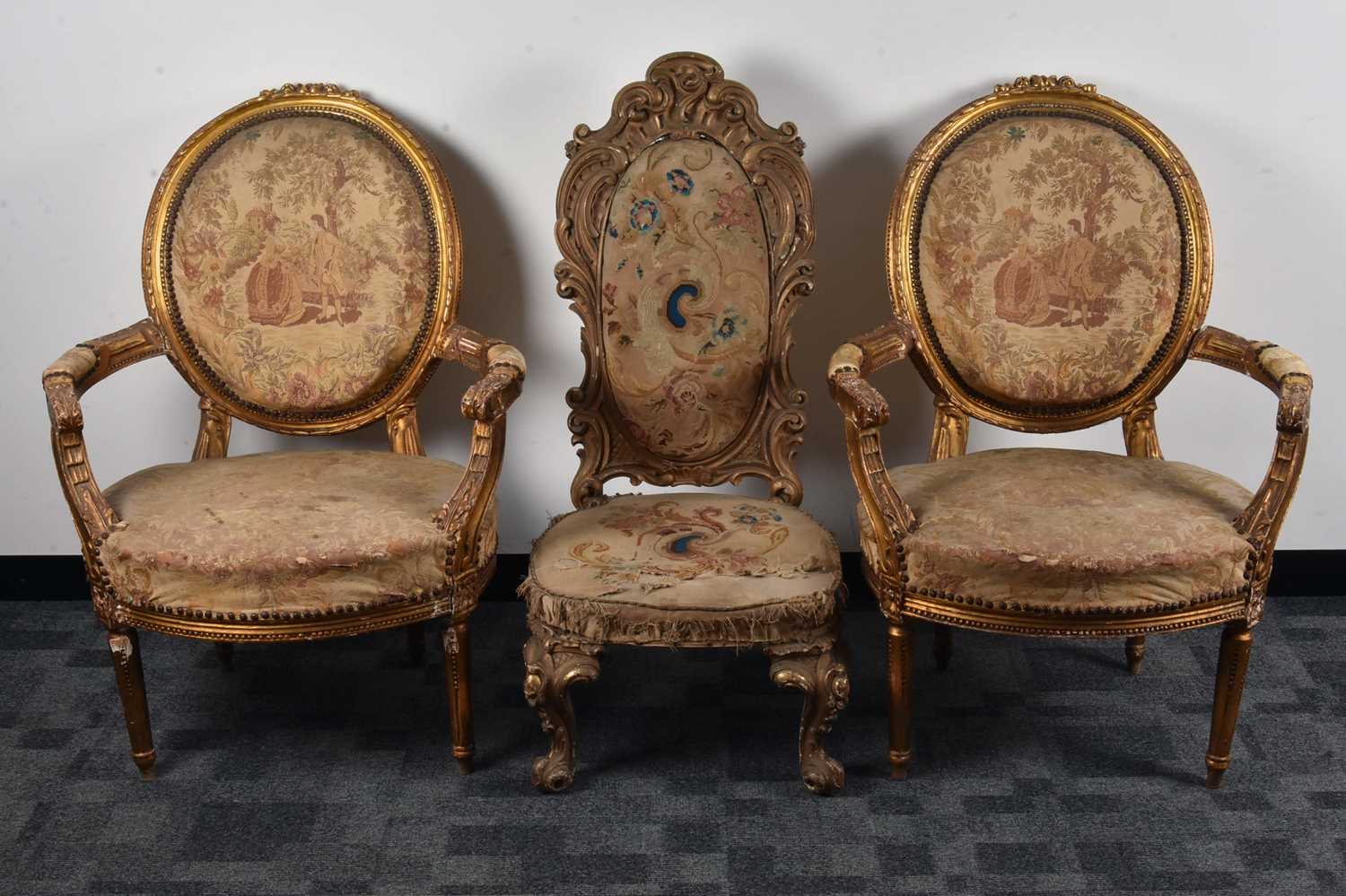 French Gilt Arm chairs x 2 and 1 bedroom french gilt chair. Town and country antiques