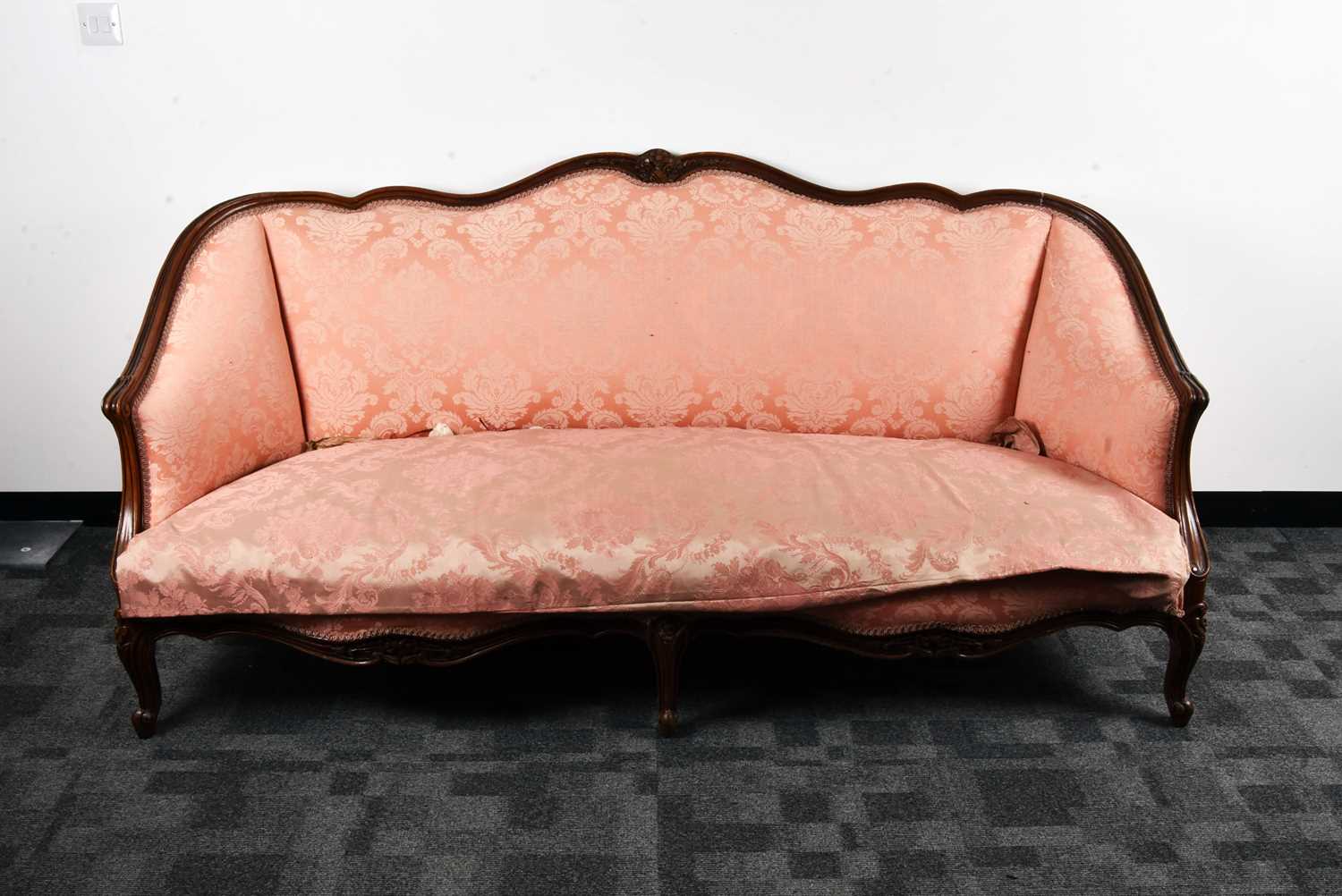 Walnut French upholstered settee Town and Country Antiques.